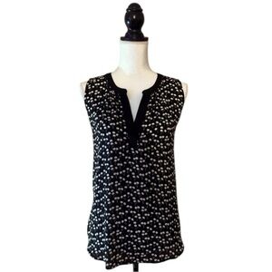 LOFT Black Cream Print Sleeveless Blouse Split Neck Mixed Media Top Size Small